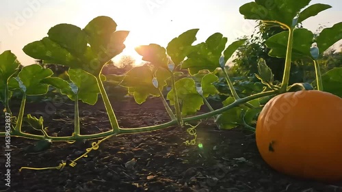 A vibrant orange pumpkin ripens on a sprawling vine in a sunlit agricultural field during an autumn sunset, symbolizing the harvest.