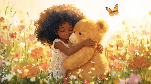 Cute dark-skinned curly girl hugging teddy bear in colorful flower meadow