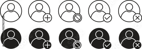 Set of user profile icons with add, remove, accept, and block symbols in outline and solid styles. Perfect for apps, websites, and interface design. Minimal, clean, and modern look.