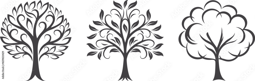 Obraz premium Tree vector icon illustration, simple black and white line art, minimalist nature symbol, clean design for environment, outdoors, and ecological projects