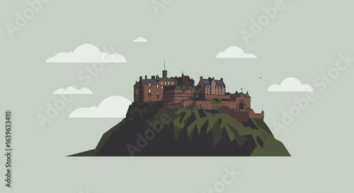 Exploring historic edinburgh castle scotland digital art mountainous terrain aerial view heritage and culture. Vector illustration
