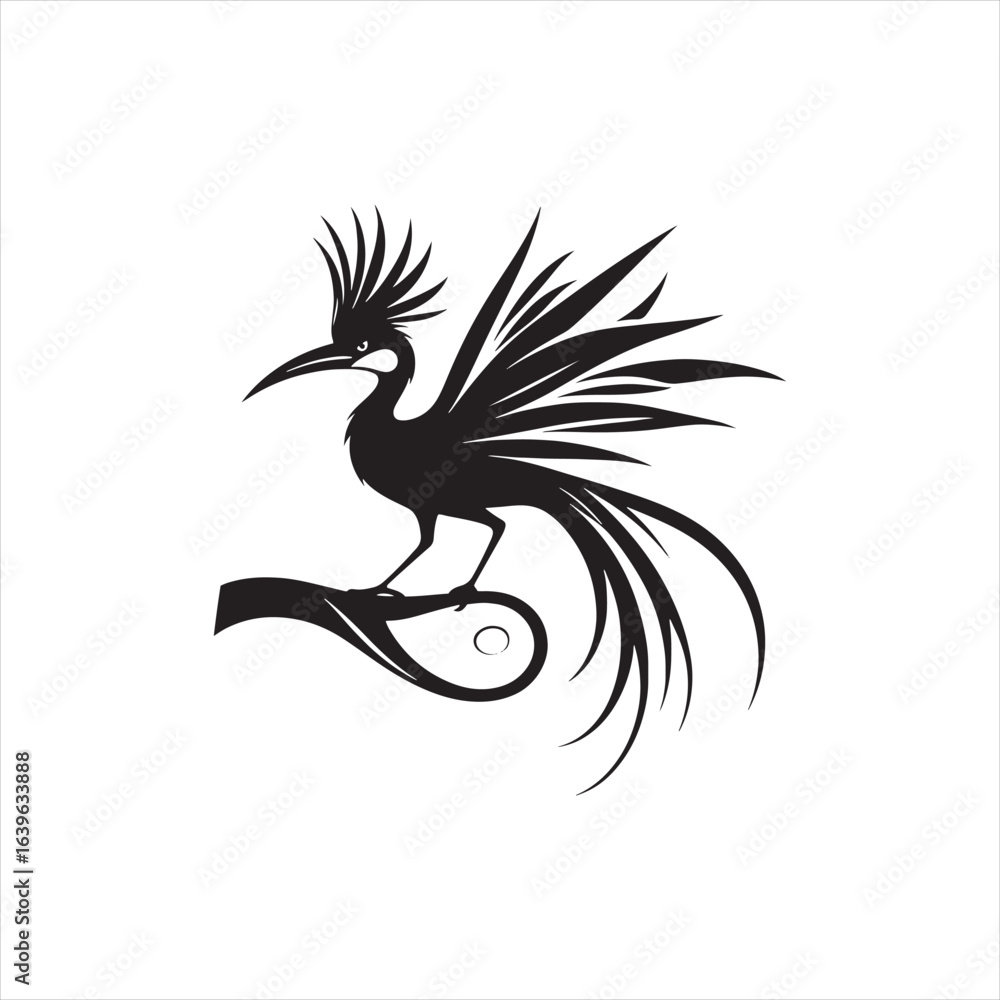 Fototapeta premium Majestic Greater Bird-of-Paradise Silhouette Vector Art – Exotic Tropical Bird with Flowing Tail Plumes, Minimal Black Outline Perfect for Wildlife Themes, Nature Logos, and Decorative Ornamental Prin