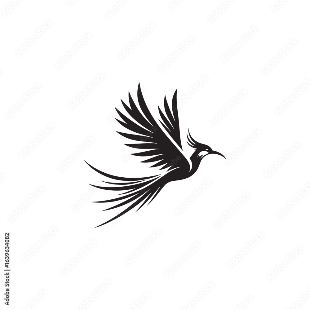 Obraz premium Majestic Greater Bird-of-Paradise Silhouette Vector Art – Exotic Tropical Bird with Flowing Tail Plumes, Minimal Black Outline Perfect for Wildlife Themes, Nature Logos, and Decorative Ornamental Prin