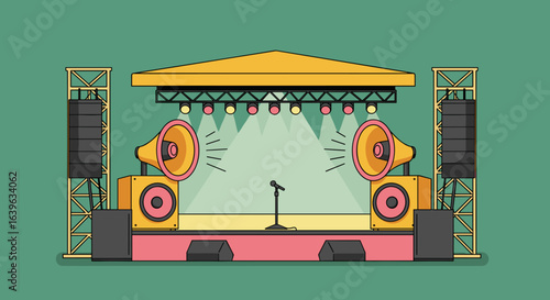 Live music performance stage setup city venue graphic design vibrant environment front view entertainment concept. Vector illustration