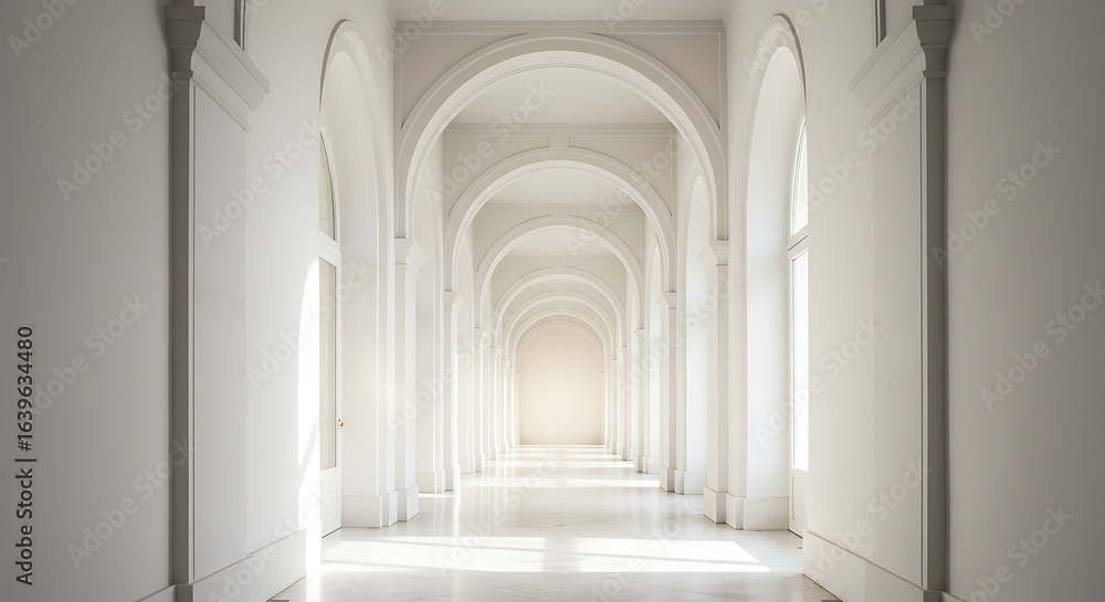 Obraz premium Ethereal Vanishing Point of a Sunlit White Arched Hallway