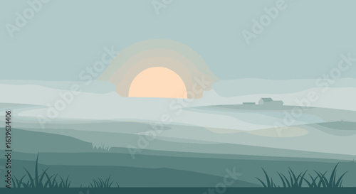 Serene sunrise over misty hills nature landscape tranquil environment wide-angle view. Vector illustration