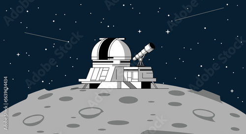 Observatory on the moon discovering stars and galaxies outer space digital art night sky futuristic concept. Vector illustration