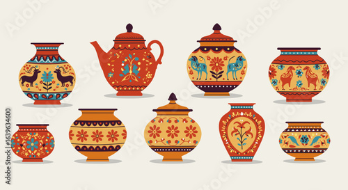 Traditional handcrafted pottery art showcase cultural exhibition decorative items indoor setting bird's eye view heritage craft. Vector illustration