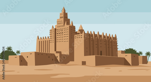 Historic mud mosque mali architectural structure desert environment wide angle view cultural heritage. Vector illustration