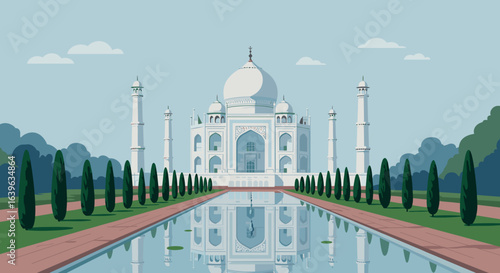 Majestic reflection of the taj mahal agra digital art serene environment wide viewpoint cultural landmark. Vector illustration