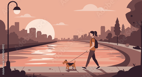 Evening dog walk by the river urban landscape illustrative art serene environment wide angle view. Vector illustration