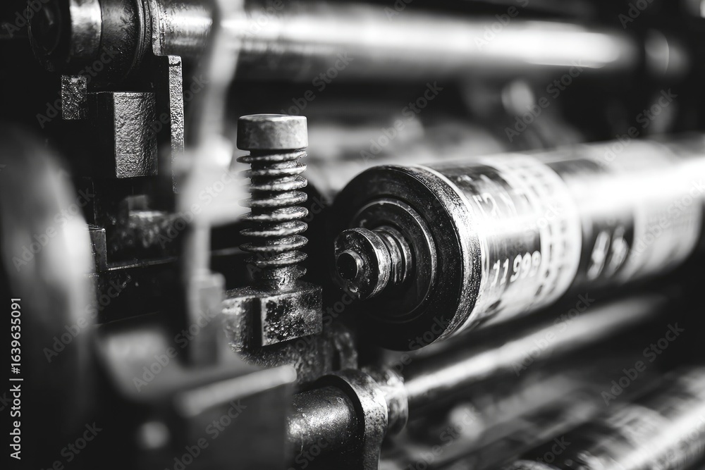 Fototapeta premium Close-up of vintage printing press machinery. Complex, intricate metal parts, gears, and rollers are visible, focusing on a detailed adjustment mechanism. Industrial, meticulous detail