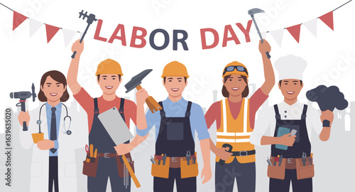 Diverse group of workers celebrating labor day with tools and banner decoration with labor day text