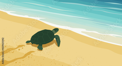 Turtle journey beach illustration serene environment side view nature conservation concept. Vector illustration