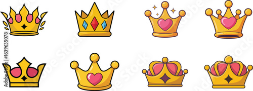 Collection of ornate golden crowns isolated on transparent background