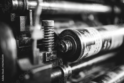 Close-up of vintage printing press machinery.  Complex, intricate metal parts, gears, and rollers are visible, focusing on a detailed adjustment mechanism.  Industrial,  meticulous detail