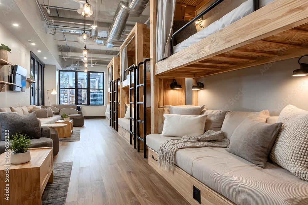 Naklejka premium A bright playground of sleek bunks and cozy lounges, your budget’s best adventure cave.