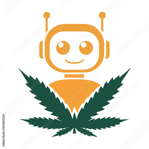 Orange robot head with antennae above green marijuana leaf logo android artificial