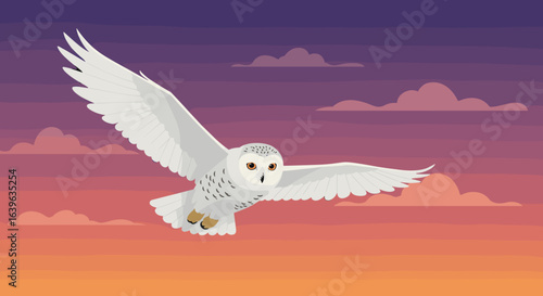 Majestic owl in flight at dusk digital artwork serene landscape enchanting viewpoint. Vector illustration
