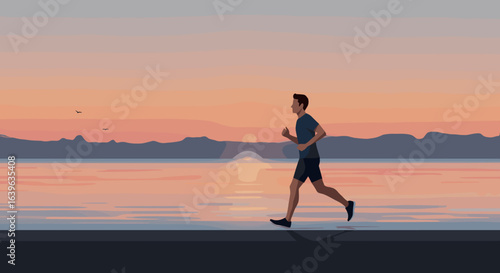 Morning jogging by the serene lakeside lifestyle image tranquil environment inspirational viewpoint. Vector illustration