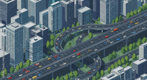 Traffic flow dynamics on urban highway cityscape digital illustration modern environment aerial view transportation concept. Vector illustration
