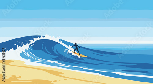 Surfing action on a sunny beach ocean waves digital illustration bright environment dynamic viewpoint. Vector illustration