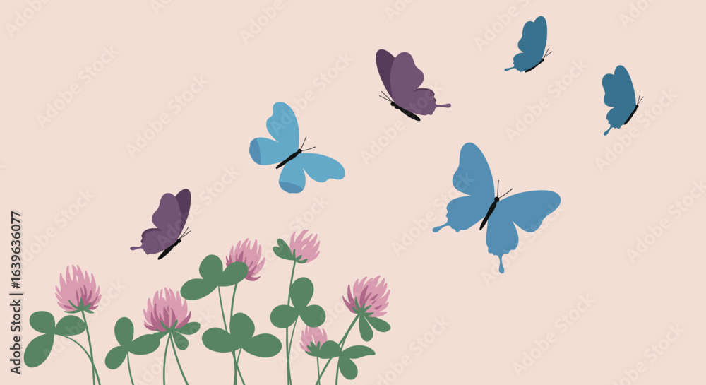 Fototapeta premium Butterflies dancing over wildflowers nature scene digital art soft pastel background aesthetic viewpoint. Vector illustration