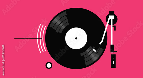 Spinning vinyl records home studio digital art vibrant pink background creative perspective music concept. Vector illustration