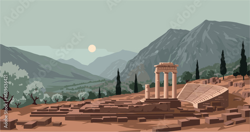 Exploring ancient ruins delphi greece digital art mountainous landscape serene atmosphere. Vector illustration