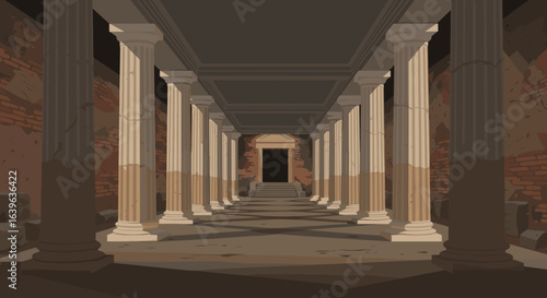 Exploring ancient ruins historic temple digital art mysterious atmosphere perspective view architectural concepts. Vector illustration