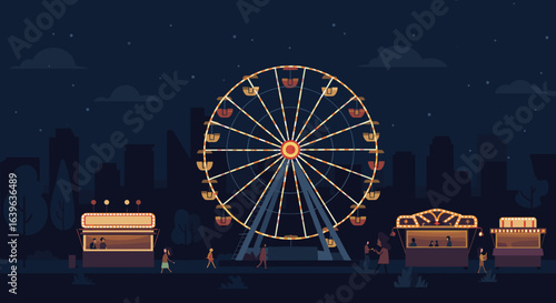 Nighttime carnival celebration with ferris wheel and stalls in urban setting illustration festive atmosphere vibrant view. Vector illustration