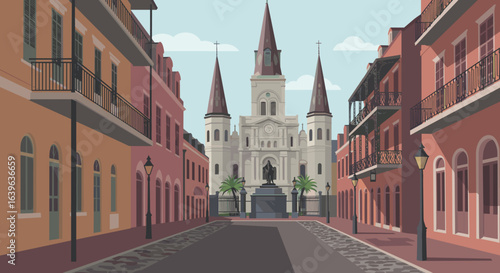 Historic architecture in new orleans iconic cathedral surrounded by colorful streets digital art vibrant cityscape. Vector illustration