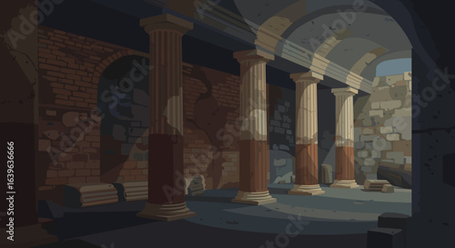 Ancient ruins exploration historical site digital art mysterious environment indoor viewpoint architectural heritage. Vector illustration