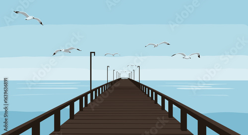 Seagulls flying over a wooden pier by the ocean coastal landscape digital illustration. Vector illustration