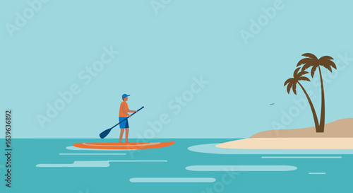Paddleboarding adventure tropical island digital illustration calm waters side view outdoor recreation. Vector illustration