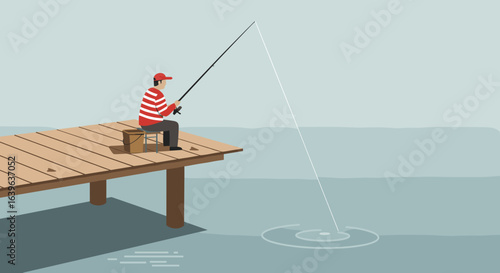 Fishing adventure on a pier serene waterfront digital illustration tranquil environment side view relaxation concept. Vector illustration