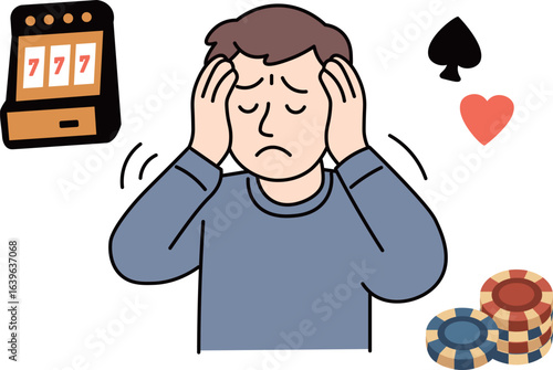 Man troubled by gambling addiction illustration with slot machine, poker chips, and card symbols for awareness campaigns