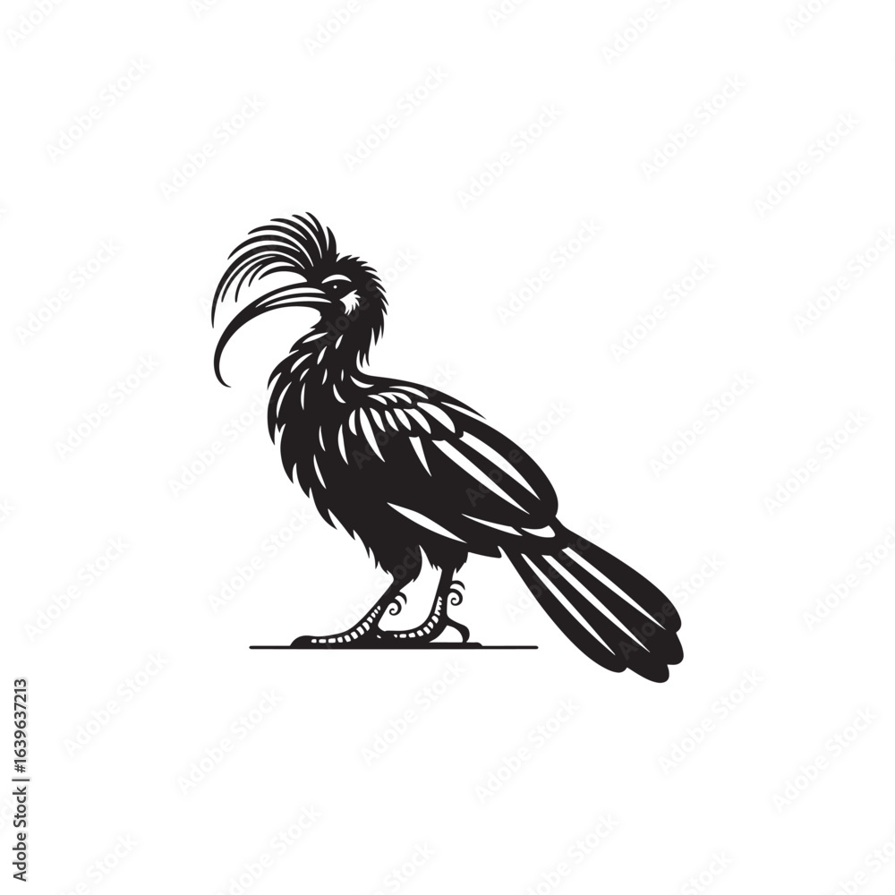 Obraz premium Exotic Hoatzin Silhouette Vector Art – Unique Tropical Bird with Distinctive Crest and Long Tail, Minimal Black Outline Perfect for Rainforest Wildlife Themes, Nature Logos, and Decorative Prints 