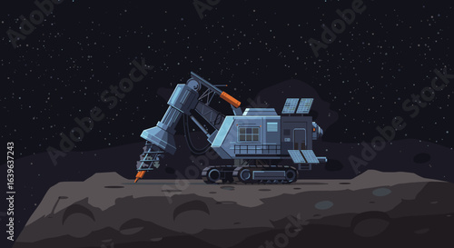 Space exploration rover asteroid surface digital illustration cosmic environment side view futuristic technology. Vector illustration