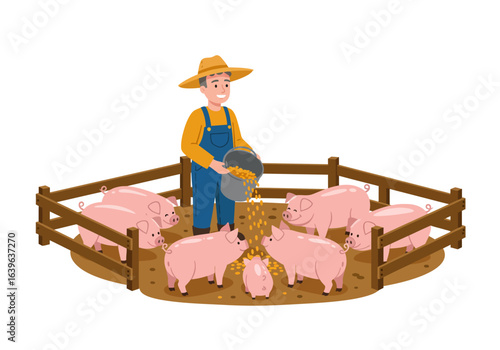 Farmer Feeding Pink Pigs in a Wooden Pen.