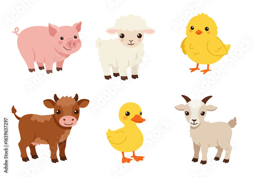 Adorable Cartoon Farm Animals Collection: Pig Lamb Chick Calf Duckling Goat.
