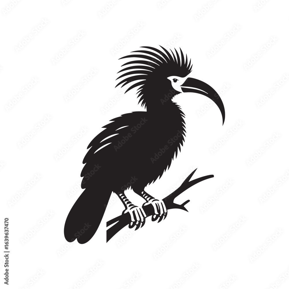 Obraz premium Exotic Hoatzin Silhouette Vector Art – Unique Tropical Bird with Distinctive Crest and Long Tail, Minimal Black Outline Perfect for Rainforest Wildlife Themes, Nature Logos, and Decorative Prints 