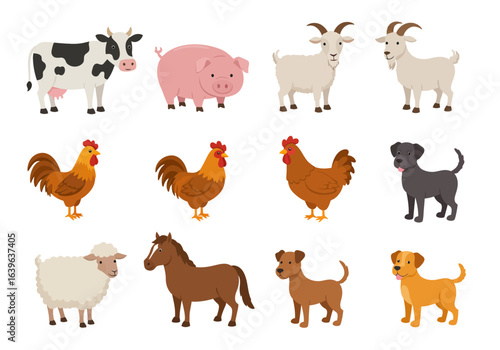 Collection of Farm Animals: Cow Pig Goats Chickens Dogs Sheep Horse.