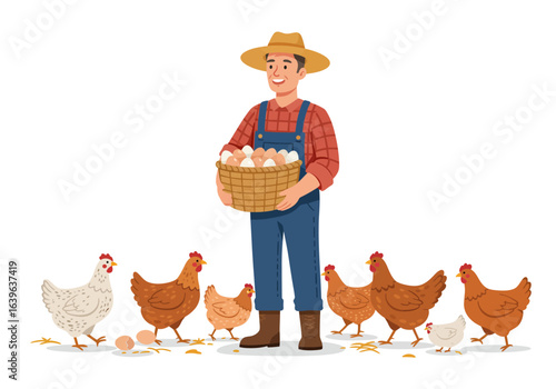 Happy Farmer Holding Basket of Fresh Eggs with Chickens.