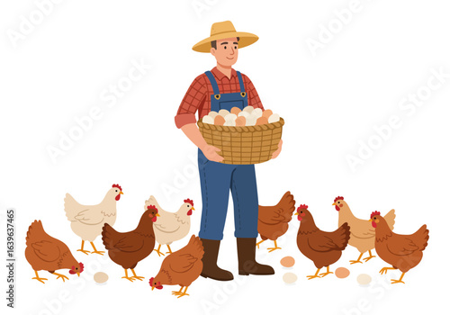 Farmer with Basket of Fresh Eggs and Chickens.