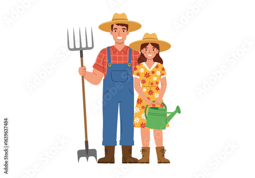 Smiling Farmer Couple with Pitchfork and Watering Can.