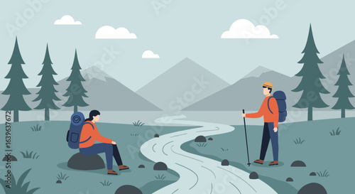 Hiking adventure in serene mountains nature illustration relaxing landscape outdoor viewpoint. Vector illustration