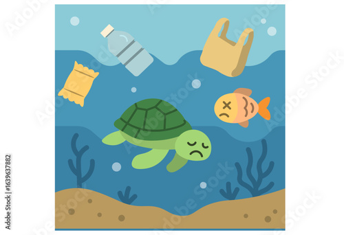 Sea turtle and dead fish suffering from ocean plastic pollution illustration