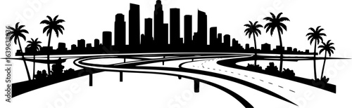 Cityscape, freeway, palm trees, architectural sketch, urban planning, EPS Vector.
