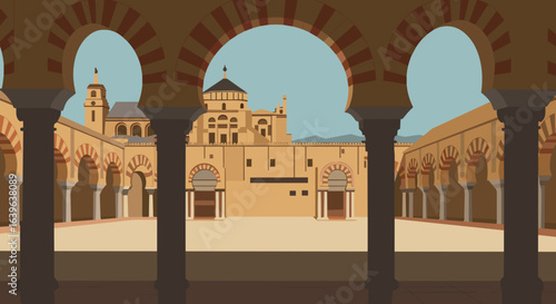 Historic courtyard architecture andalusia digital illustration vibrant colors wide angle cultural heritage. Vector illustration